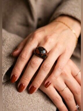 Faceted Obsidian Dome Ring With Orange Matrix Size 7
